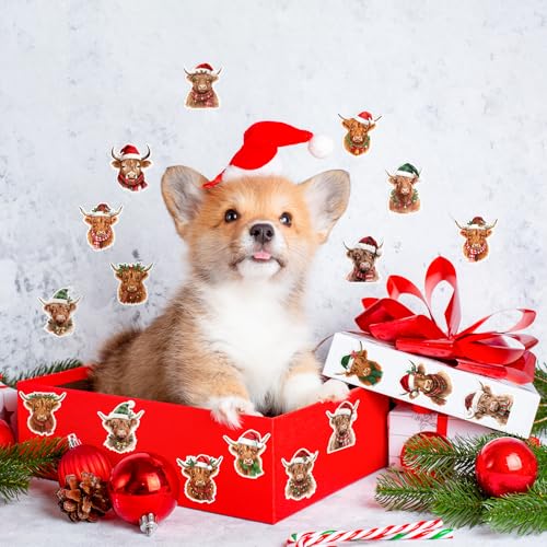 Image of Christmas Highland Cow Sticker - 600 Pcs Christmas Highland Cow Waterproof Vinyl Reusable Laptop Sticker Coloring Book Scrapbook Water Bottle Page Activity Pad Party Favor Skateboard Gift