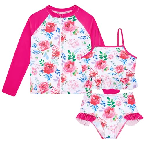 Image of Funnycokid 3T 4T Swimsuit Kids Little Girls Floral Bathing Suit Ruffle Rashguard Sets Swimwear Sun Protection Long Sleeve 3 Piece Tankini Swimming