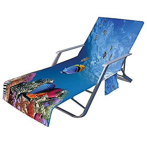 Morbuy Housse de Chaise de Plage Longue en Microfibre, Bleu Impression de Océan Serviette de Plage avec Poches, Housse de Transat Pliable et Légère pour...