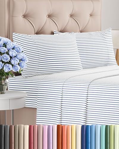Image of Twin 4 Piece Bed Sheet Set - Breathable & Cooling Sheets - Blue Stripes | Ultra Soft Hotel Luxury Bedding Set with 8-16 Inch Deep Pockets, 1 Flat & 1 Fitted Sheet & 2 Pillowcases, Wrinkle & Fade Free