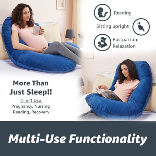 Image of Amazon Basics Full Body Pregnancy Pillow for Maternity,Baby Nursing,Full Body Support-|Perfect Baby Shower Gift|J-Shaped-Washable Cover with Zip - Navy Blue, Velvet