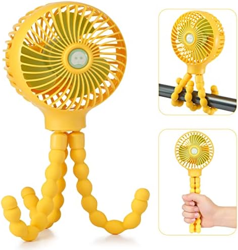 snawowo Mini Handheld Personal Portable Fan, Baby Stroller Fan, Car Seat Fan, USB or Battery Powered, with Flexible Tripod Clip on Student Bed Desk Bike Crib Treadmill Camping Traveling（Yellow）