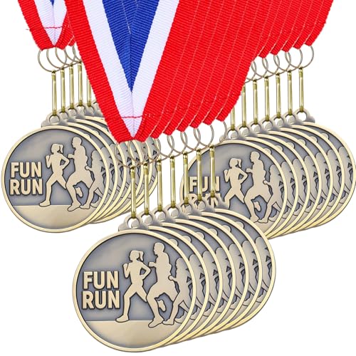 Remuuly 30 Pieces Fun Run Medals Bulk 2 Track and Field Medals Abstract Gold Running Trophy with Neck Ribbons Prize Gift for Tournaments Sports Competition Group Adult Event