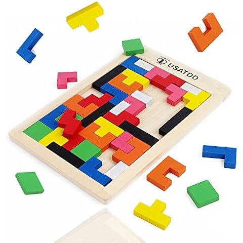 USATDD Wooden Puzzles Blocks Brain Teasers Toy Russian Tangram Colorful Jigsaw Game Montessori Intelligence STEM Preschool Educational Gift for Baby Toddlers Kids 3 4 5 6 7 Years Old Boys Girls 40Pcs Cover