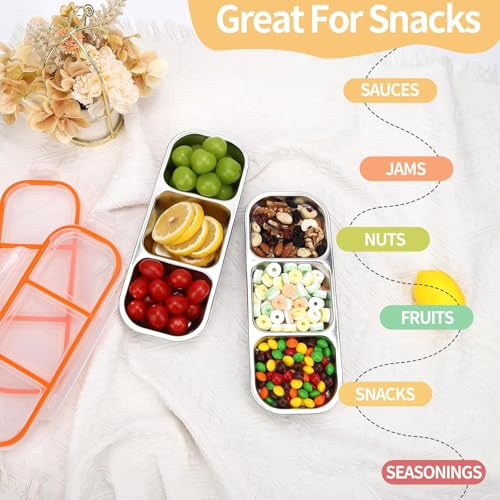 Image of Stainless Steel Snack Containers with Lids, 3 Compartment Leakproof Reusable Snack Box for Nuts, Fruits- Divided Grab & Go Container for School, Office, Travel (3 Compartment)