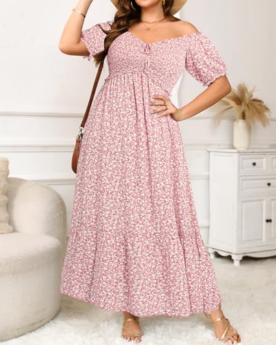 Plus Size Sun Dresses Women - Summer Off The Shoulder Puff Sleeve A Line Boho Maxi Flow Long Dress 20252