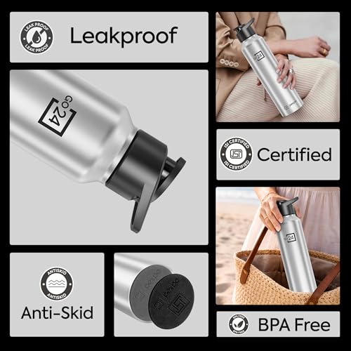 Image of Water Bottle 1 ltr Go24 Stainless Steel Sports /Fridge Bottle with Sipper Cap (Pack of 6)| Single Wall | For Home, Office, Gym, Travelling | Lightweight | Craft Pro 950ml | Silver