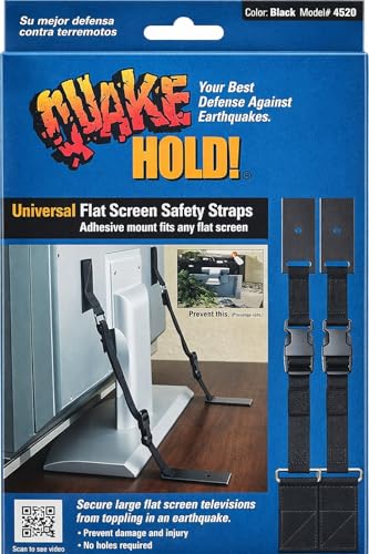 QuakeHOLD! Universal Flat Screen TV Safety Straps, Nylon Anti-Tip Adhesive Straps, Earthquake Protection, For TVs and Furniture, Child Proofing for Home Safety, Easy Installation, Black, 1 Pack