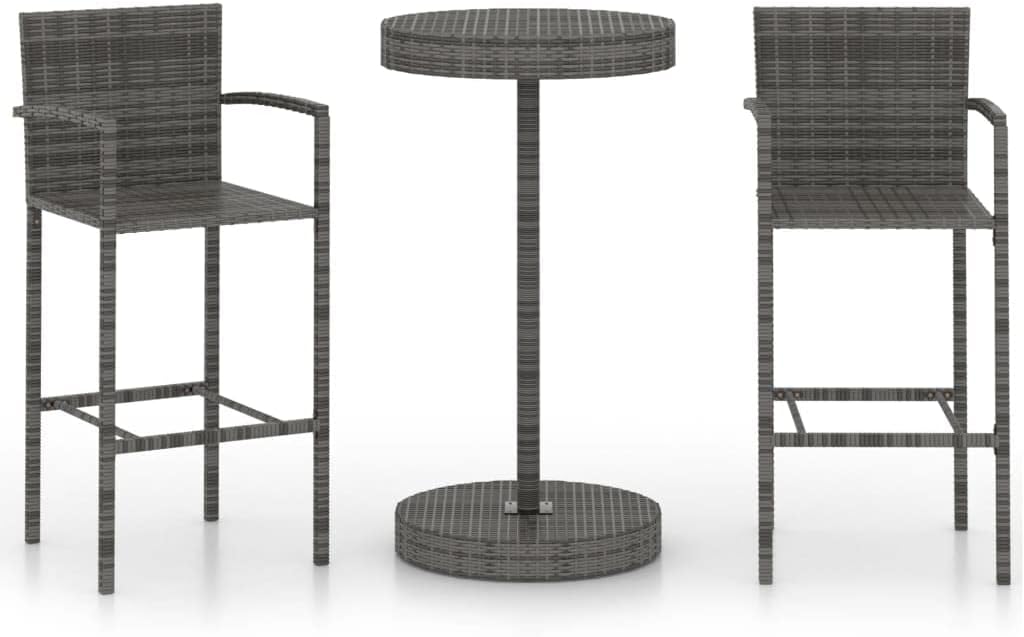 3-Piece Garden Bar Set with Round Table and Two Stools, Grey PE Rattan and Powder-Coated Steel Outdoor Furniture for Patio, Balcony, or Garden, Weather-Resistant and Easy