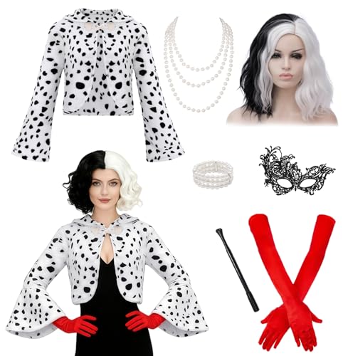 Miulruma Cruella A025M Costume de luxe pour femme Cruella Deville, perruque, veste, gants et support Cruella Collier de perles pour Halloween, fête à thème, carnaval, costume pour femmes et filles