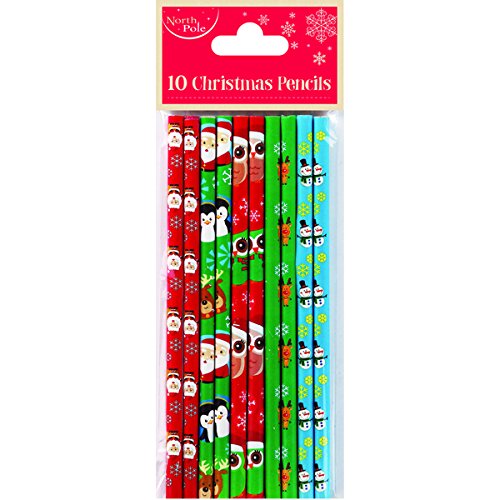 Pack of 10 Christmas Pencils Xmas Characters with Top Eraser Stocking Bag Filler Party Favours