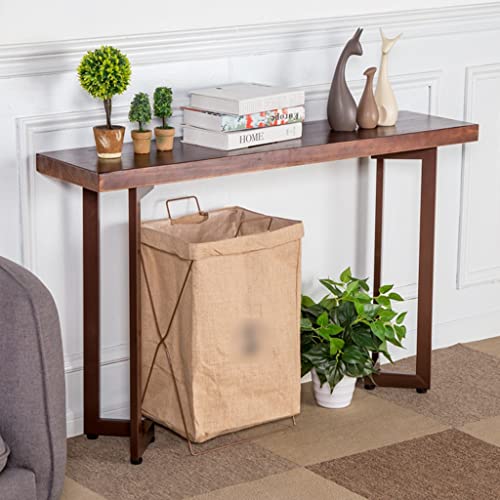 Mesa de entrada simplificada con superficie de madera y patas metálicas