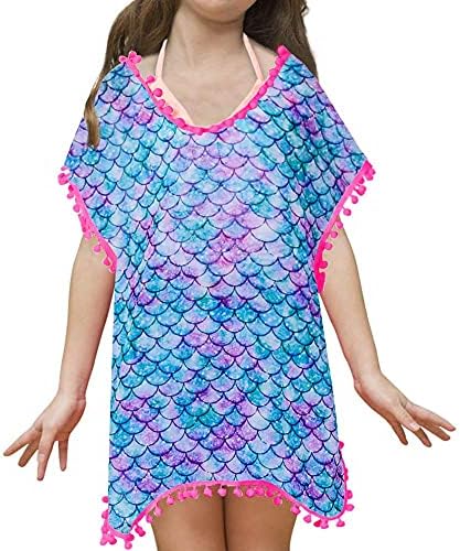 Mermaid Cover Ups for Girls Kids Swimsuit Coverup Beach Swim Coverups Bathing Suit Wrap Swimwear Cover with Pom Pom Trim Size 6 8 Years