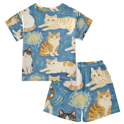 Boys Girls Short Sleeve Pajama Sets Lovely Sleepy Pjs for Big Girls Nightwear 5Y Blue Cat Art Painting pijama para ni?o de 10 a 12 a?os2