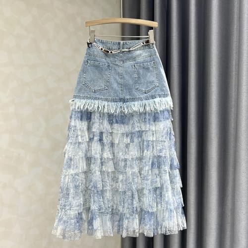 Womens Denim Patchwork Tulle Skirts High Waist A-Line Multi-Layer Elegant Summer Casual Long Skirts3