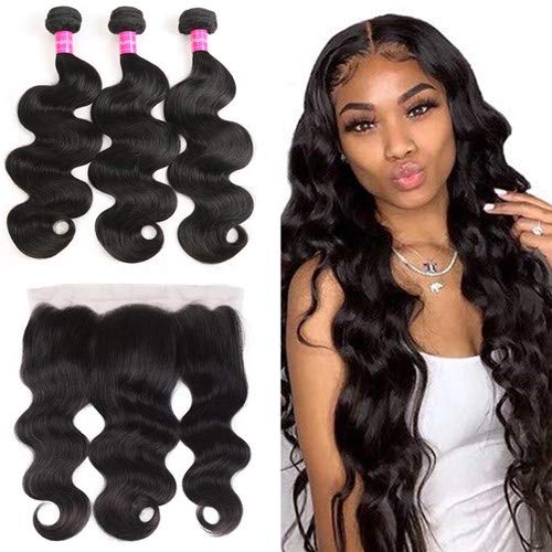 Caijuxing 13 x 4 Lace Frontal Closure Body Wave Transparent Lace Frontals With Bangs Baby Hair Knots Can Be Bleached 100% Virgin Remy Human Hair 150% Density Natural Color