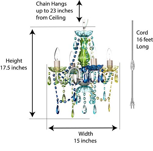 Image of gypsy color The Original Brink House Plug-in 4 Light Blue Green Hanging Swag Chandelier H17.5 inchxW15 inch, Silver Metal Frame with Blue Green Glass Stem and Acrylic Crystals