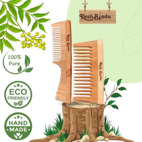 Image of Handmade Kacchi Neem Wooden Comb For Men & Women Detangling, Frizz Control & Shine, Suited For All Hair Diffrent Type of Kangi Combo Pack 2pis (Handle + Wide Tooth)