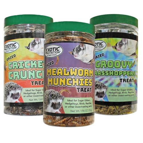 Exotic Nutrition Dried Insect 3 Pack - Crickets, Grasshoppers, Mealworms - for Sugar Gliders, Hedgehogs, Wild Birds, Chickens, Turtles, Tropical Fish, Reptiles