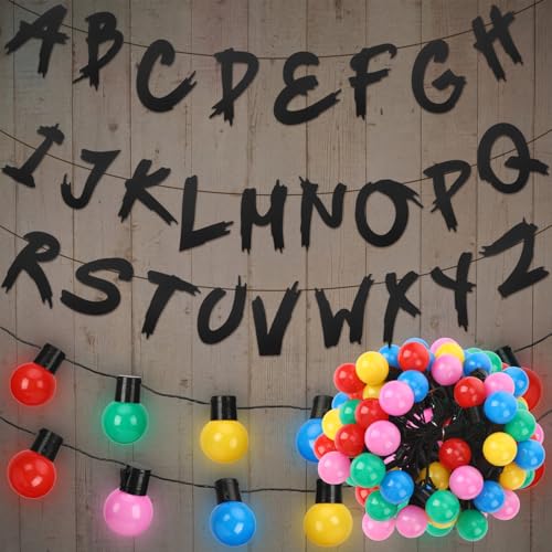 Gerrii Retro Strange Theme Party Decorations 32.8 ft 40 LED USB Colorful String Neon Lights with 26 Black Paper Handwritten Rustic Alphabet Letters for Retro Spooky Theme Party Wall Decor