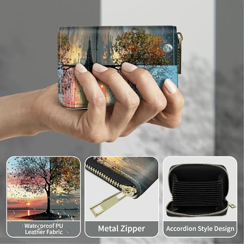 Image of Cute Credit Card Holder with Zipper, Day and Night Art Tree RFID-Blocking Card Case Small Wallet for Women Men, Multi-slot Card Organizer Case Travel Accordion Wallet
