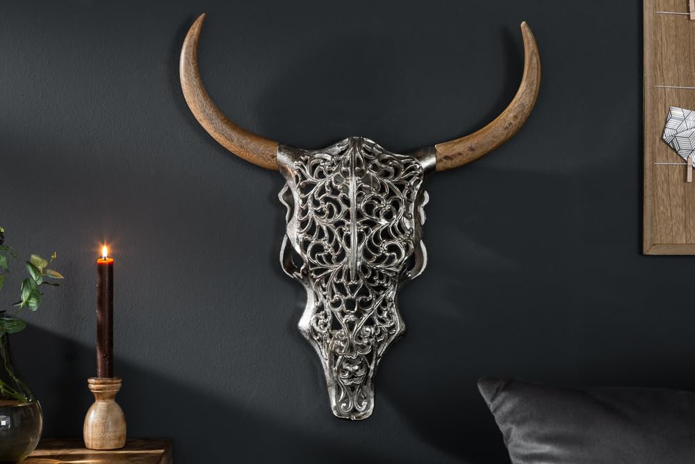 Wanddekoration EXOTIC BULL 51cm - natur silber - Metall Mangoholz Ornamente