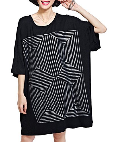 ellazhu Women Loose Geometric Print Short Sleeve Large Size Shirtdress GA89 Black