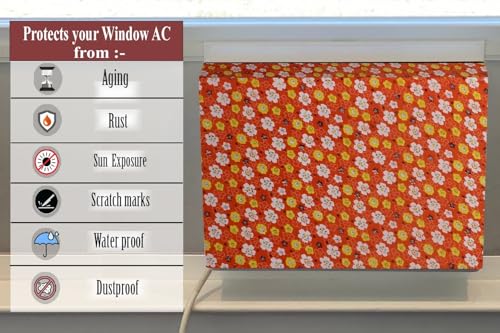 Image of The Furnishing Tree Elastic fit waterproof Polyester window ac cover suitable for Croma 1.5 Ton, Dustproof cover for inner and outer section, In CM: (67.31x66.04x45.72), Mini Floral Pattern Orage