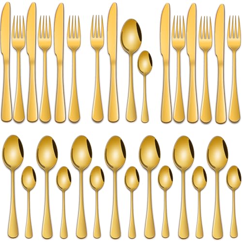 Gold 32-Piece Cutlery Sets Gold Tableware Sets Includes Dinner Spoons and Fork Table Knives for Kitchen Eating Utensils Set Stainless Steel Silverware Sets for Home