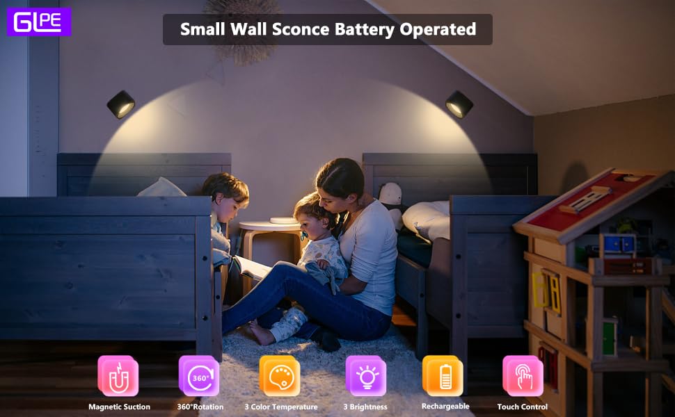 Image of LED Lights for Bedroom Battery Operated, Touch Control Cordless Small Wall Lamp, 3 Color Temperatures & 3 Brightness, 360 Rotatable Magnetic Rechargeable Reading Lights for Bedroom Living Room