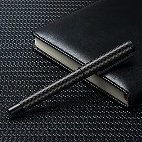 Image of Hongdian Black Forest Pro Carbon Fiber Fountain Pen, Bent Nib for Fude Calligraphy Writing (Fine to Broad) with Converter and Metal Pen Box Set