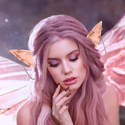 Elf Ears Piercings Earring Cuffs - Halloween Fairy Pixie Soft Pointed Ear with Gold Hoop Pearl Earrings Chain Set,Christmas Party Dress Up Vampire Tips Anime Accessories2