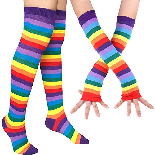 Womens Rainbow Socks Striped Knee High Socks Arm Warmer Fingerless Gloves Set (Purple, One Size)