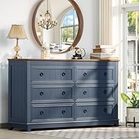 Joaxswe 6 Drawers Dresser for Bedroom, Farmhouse 54 Inch Wide Wood Dresser Chest of Drawers, Vintage Design TV Stand, Rustic Storage Dressers Organizer for Bedroom, Living Room, Hallway - Navy Blue