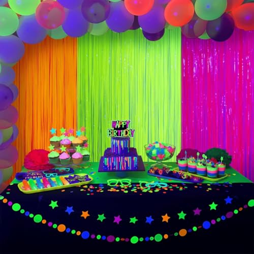 Image of Mega-L Glow in The Dark Party Backdrop, 6 Pack Neon Fringe Curtains | Neon Birthday Decorations, Fluorescent Tinsel Foil Backdrop Streamers for Birthday Wedding Decor