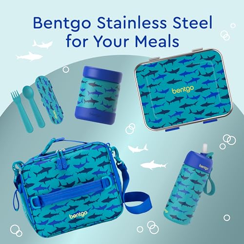 Image of Bentgo Kids Stainless Steel Leak-Proof Food Jar for Hot or Cold Food | 11 fl oz Double Insulated Container with Removable Silicone Bumper, Dishwasher Safe, Easy Open Lid, Ages 3+ (Sharks)