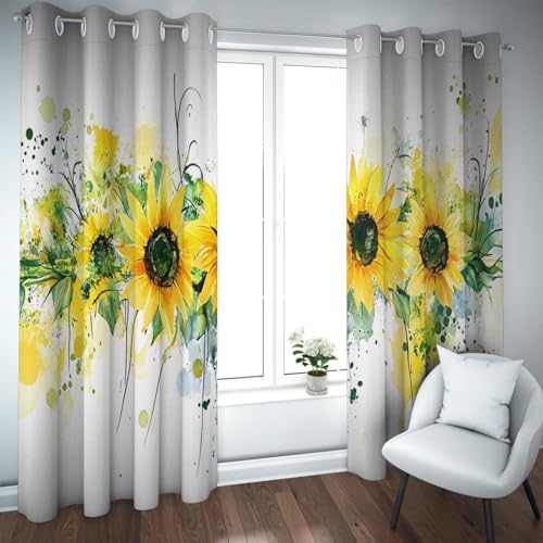 PARREN Girasol Cortinas Opacas para Dormitorio saestar Puertas balcón Tinta Oriental Arte tratamientos para Ventanas Cortinas reducción Ruido Extra Larga W140xL200cm 2 Paneles