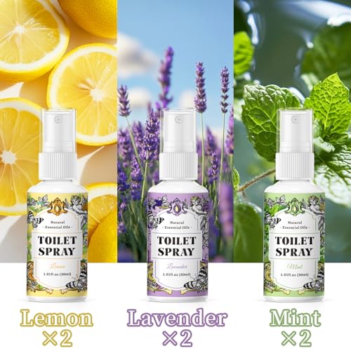 Image of SCENTORINI Toilet Spray for Poo Odor Eliminator, Bathroom Spray 6 Pack | 2 Lemon & 2 Lavender & 2 Mint, 6 oz Toilet Odor Elimination Travel Size, Air Freshener Spray for Poop, Travel and Pockets
