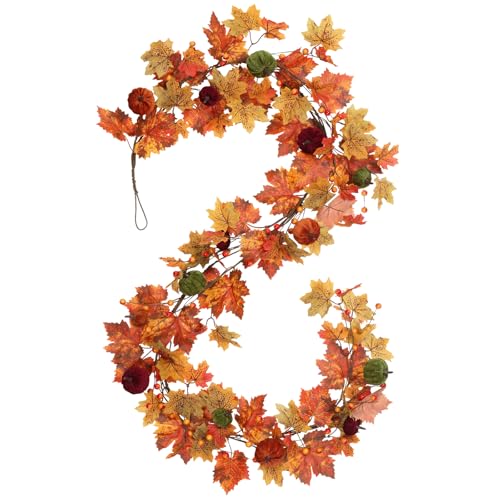 Image of RoseCraft Fall Garland, 6FT Autumn Maple Leaf Velvet Pumpkin /Berry Garland Fall Decor, for Home Harvest Thanksgiving Fireplace Front Door Indoor Outdoor Holiday Party Decorations.