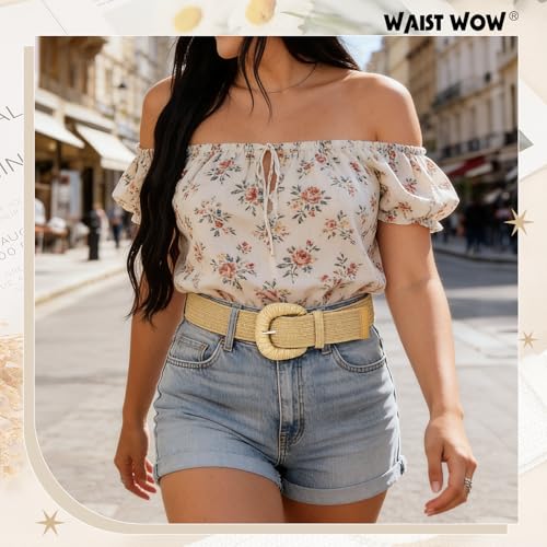 Image of Straw Woven Elastic Belt for Women Stretchy Belts for Dress Fashion Boho Waist Belt Rattan Raffia Ladies Belts