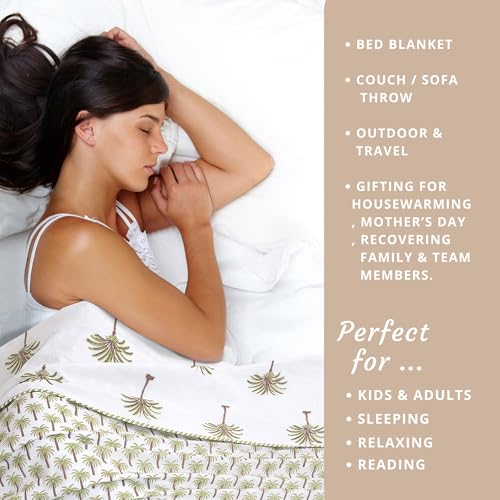 Image of TOAIArt Premium Jaipuri Dohar | AC Blanket Summer Quilt | Hand Block Printed | 3 Layers | Reversible | 150GSM 100% Mulmul Cotton | 100% Cotton Flannel Filling | King 108 inch X 90 inch |Small Palm