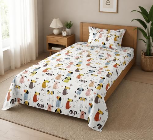 Image of Room Single Bedsheet with 1 Pillow Cover, Single Bed, Printed- 60 x 90 Inches (Cream)