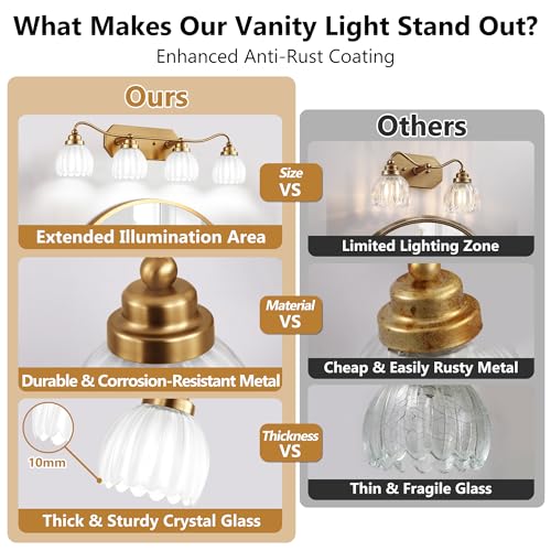 Image of Vintage Bathroom Light Fixtures, Gold Bathroom Vanity Light, Matte Antique Brass Finish with Crystal Glass Shade, Wall Sconces Lighting for Bedroom, Living Room, Hallway (Milk White, 4-Light)