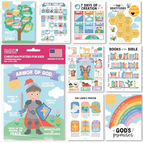 Image of Hadley Designs Sunday School Decorations for Classroom -9 Bible Posters for Kids, Books of the Bible, 10 Commandments, Bible Timeline Chart, Fruits of the Spirit, Pastel Christian Classroom Decor