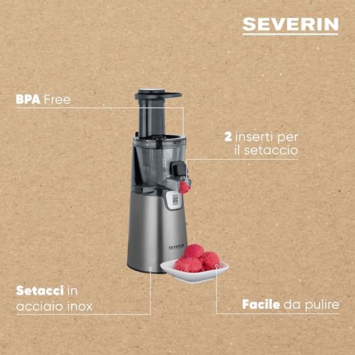SEVERIN ES 3571 Slow juicer 1 L da 150 W, Estrattore frutta e verdura senza lame a bassa velocità, Estrattore di succo con micro-setaccio e accessori facile da pulire, Acciaio - immagine 5