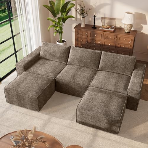 Image of Vesgantti 114 inch Boneless Modular Sectional Sofa, Modern U Shaped 5 Seater Couch with 2 Ottoman & Deep Seat, Convertible Chenille Cloud Couches for Living Room, No Assembly Required, Dark Brown