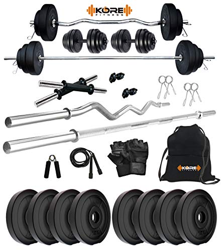 Image of Kore PVC 40 Kg Home Gym Set with One 3 Ft Curl + One 5 Ft Plain Rod and One Pair Dumbbell Rods with Gym Accessories