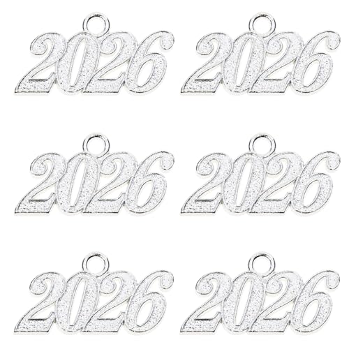 Shapenty Metal Year Signet 2026 DIY Pendant Charms for Graduation Tassels Bracelet Necklace Earrings Keychain Zipper Pulls Cellphone Craft Jewelry Making Christmas Party Decoration 6PCS (Silver)