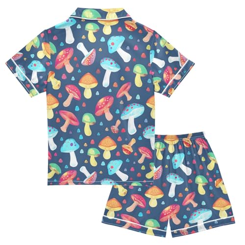 ALAZA Colorful Mushroom Blue Pajamas Satin Pajama Set Short Sleeve Button Down Sleepwear2
