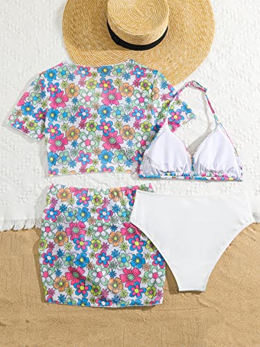 Image of Milumia Girl's 4 Piece Swimsuit Tropical Print Spaghetti Strap Bikini Sets with Coverups Multi Floral 8-9 Years